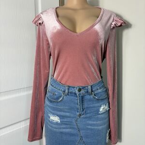 Celebrity Pink Womens Bodysuit Sz L Velvet Long Sleeve Snap Ruffle Shoulder Y2K